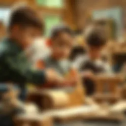 Children engaged in creative wood crafting activities.