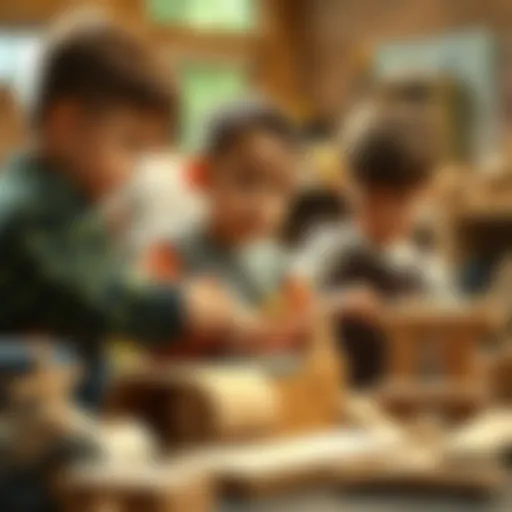 Children engaged in creative wood crafting activities.