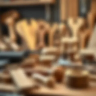 Woodworking Tools and Materials An assortment of wooden tools and materials for woodworking.