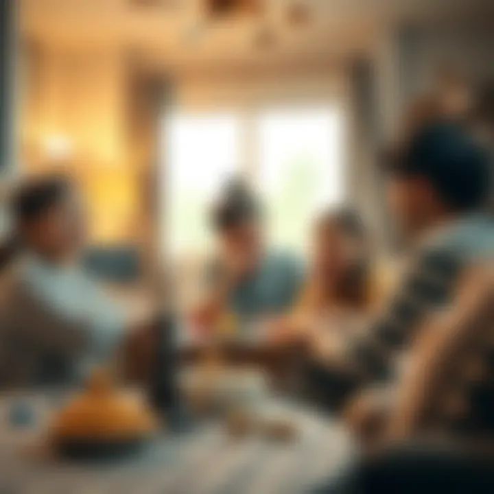 A cozy living room setting with a family laughing and having a great time while playing a board game together.