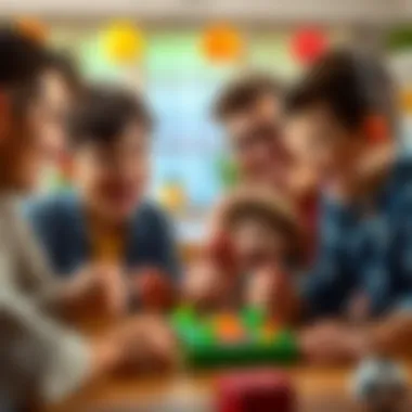 Family members laughing while playing a game