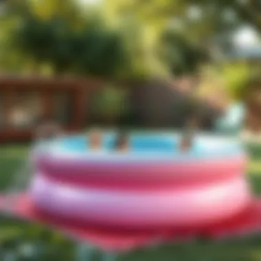 A large inflatable pool set up in a backyard with safety features
