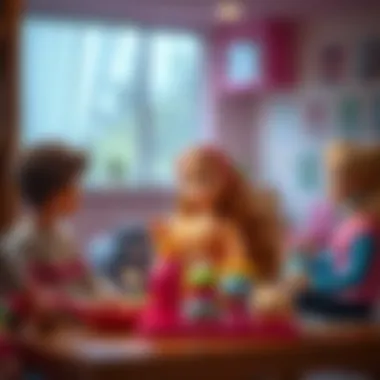Children engaging in social interaction with Barbie toys