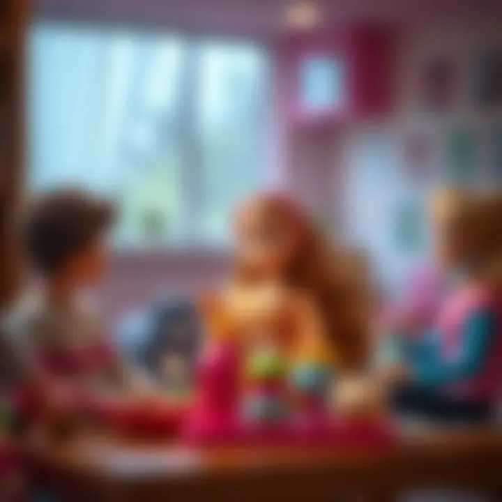 Children engaging in social interaction with Barbie toys