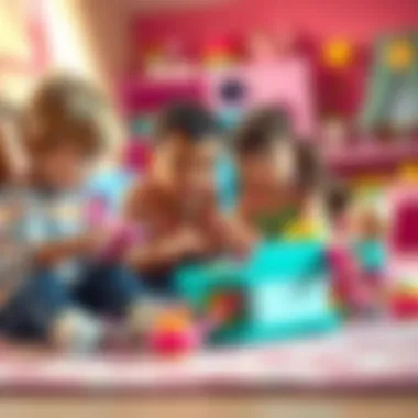 An engaging scene of children playing with Barbie toys in a colorful playroom.