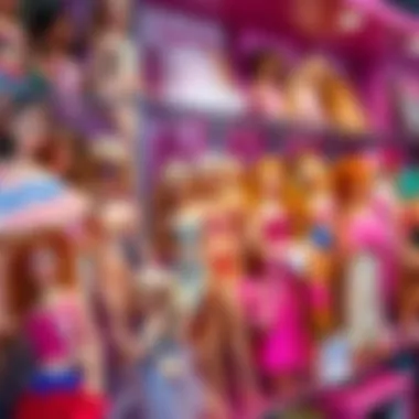 A detailed representation of various Barbie collections displayed on a shelf.