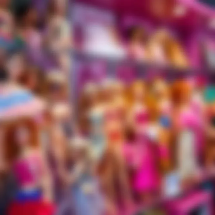 A detailed representation of various Barbie collections displayed on a shelf.
