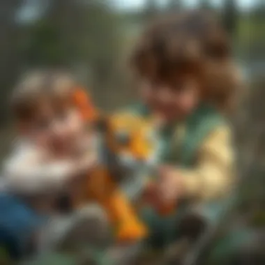 Children playing with a baby tiger toy in a natural setting