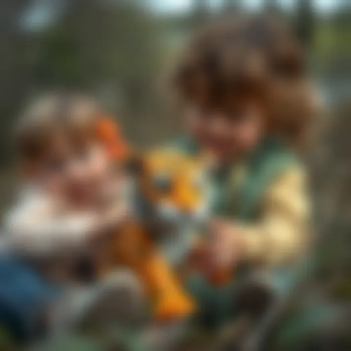 Children playing with a baby tiger toy in a natural setting