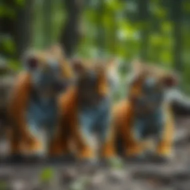 A group of baby tiger cubs interacting in a natural setting
