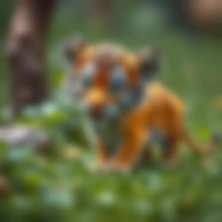 A playful baby tiger cub exploring its lush habitat