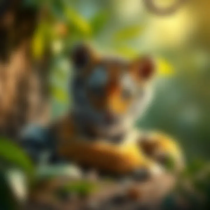 A serene scene of a baby tiger cub resting in the shade