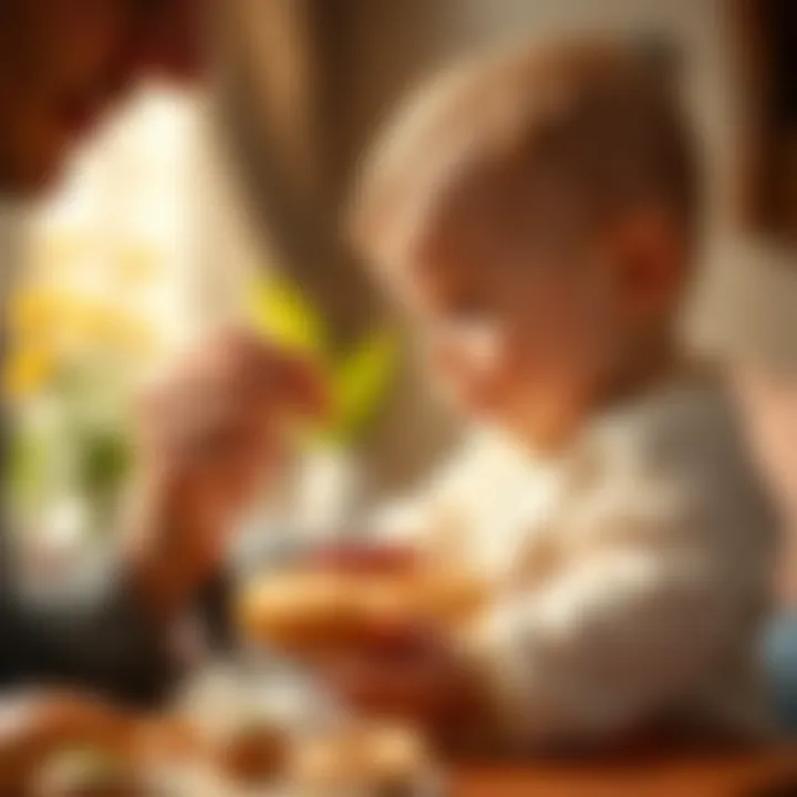 A parent feeding a baby simit with care