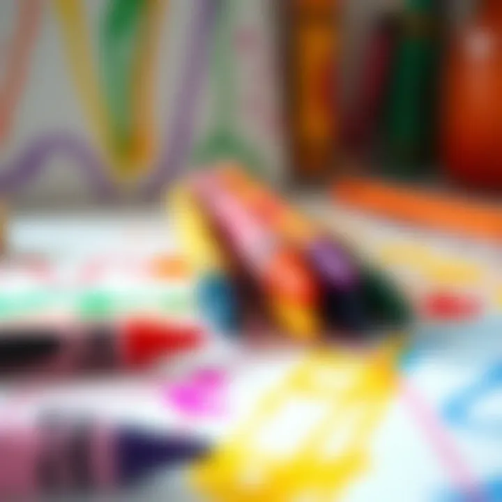 Close-up of vibrant crayon drawings on paper