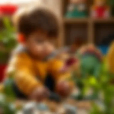 Child exploring developmental benefits of play with Carnotaurus