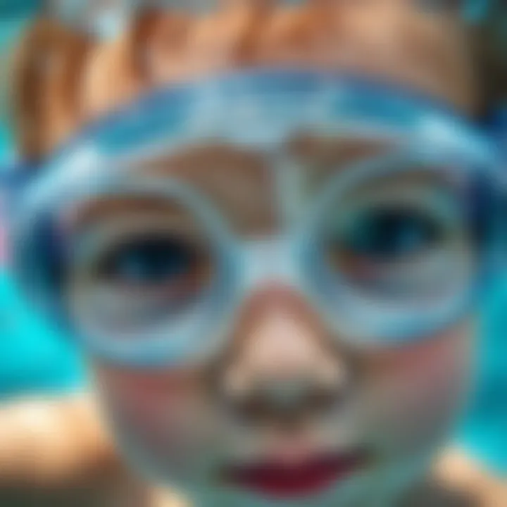 Close-up of a child's eyes protected by a clear, safe swimming goggle