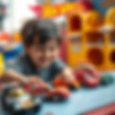 A child playing with Hot Wheels cars in a colorful playroom