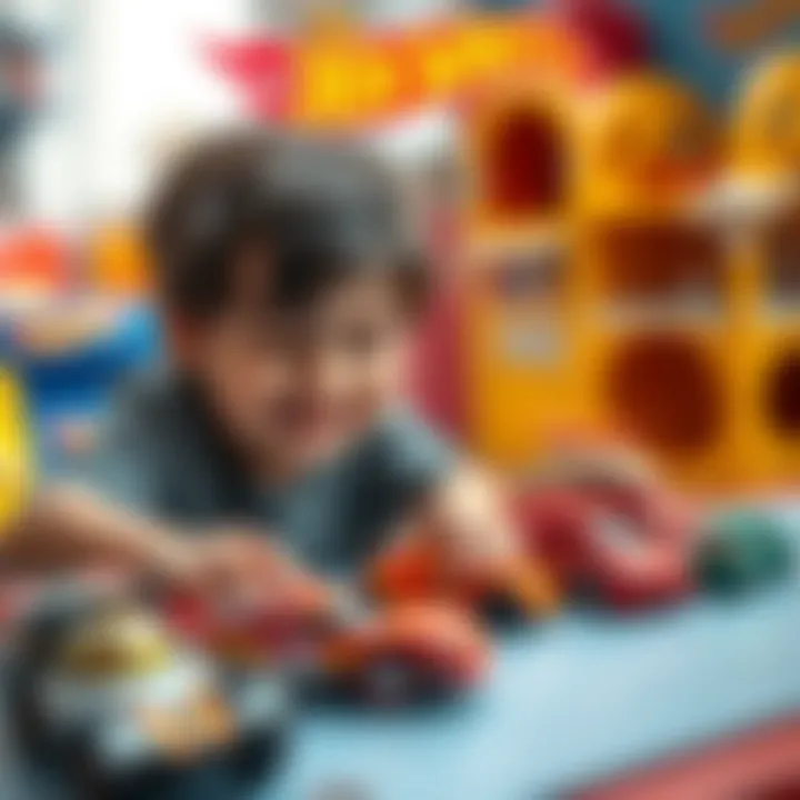 A child playing with Hot Wheels cars in a colorful playroom