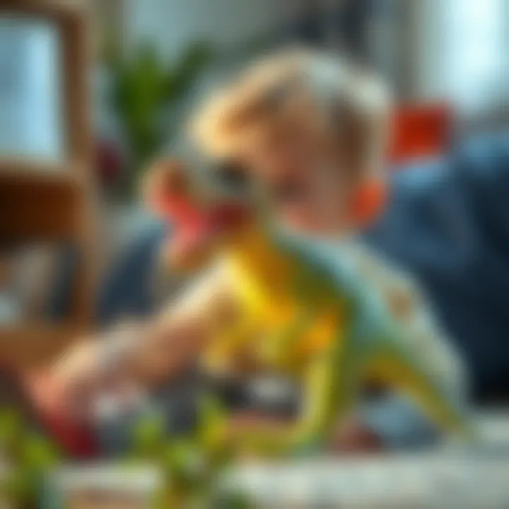 Child Engaging with T-Rex Toy A child playing with a T-Rex toy, enhancing creativity and motor skills