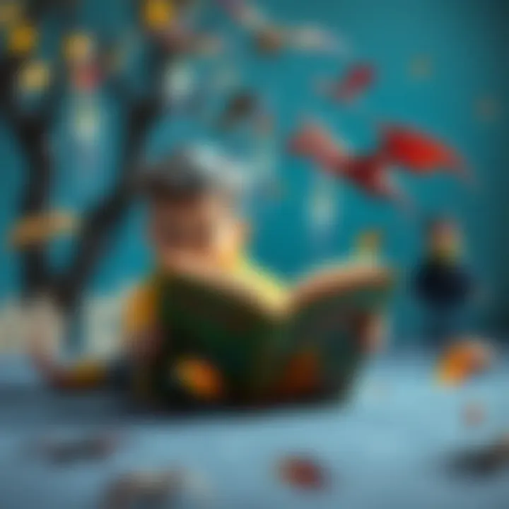 A child reading a book about flying dragons