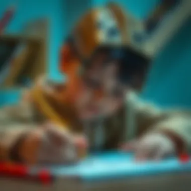 Close-up of a child using a mechanical pencil for drawing and writing.