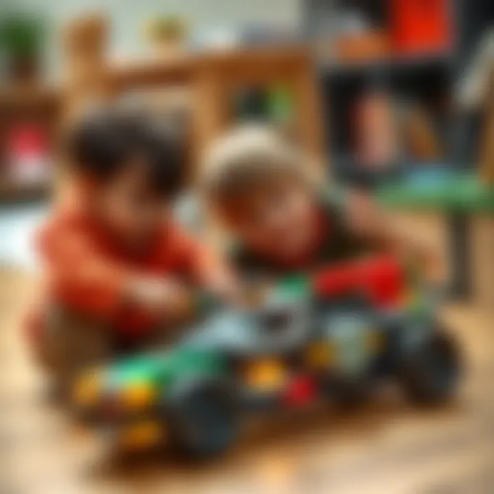 Engagement of Children with Lego Technic Toys Children engaging with Lego Technic pull-back toys