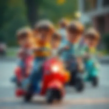 A group of children interacting while playing with their scooters.