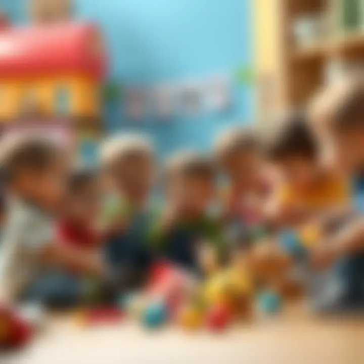 A group of children interacting and sharing toothless toys.