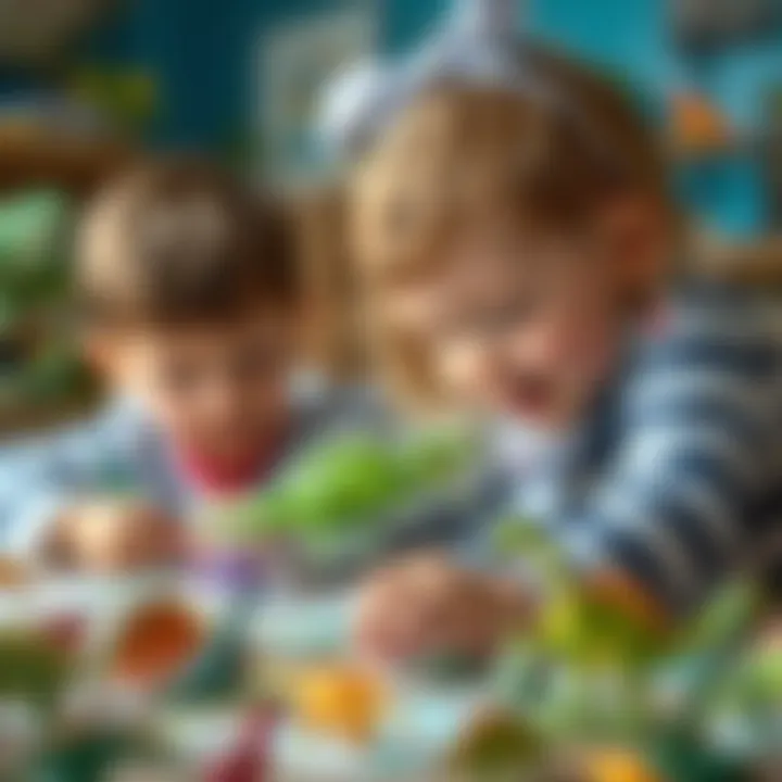 Children's Creative Play with Dinosaur Stickers Children engaging in creative play with dinosaur stickers