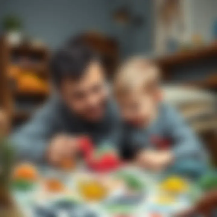 Parent and Child Organizing Dinosaur Stickers Together A parent and child organizing dinosaur stickers together