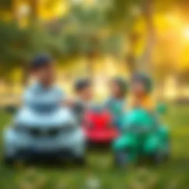 A family enjoying time together with electric cars in a park