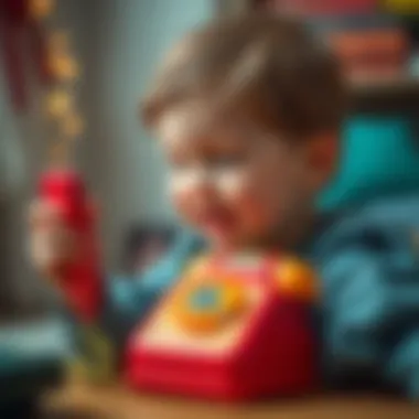 Child Engaging with Retro Toy Phone Child playing with a retro toy phone, engaged and happy