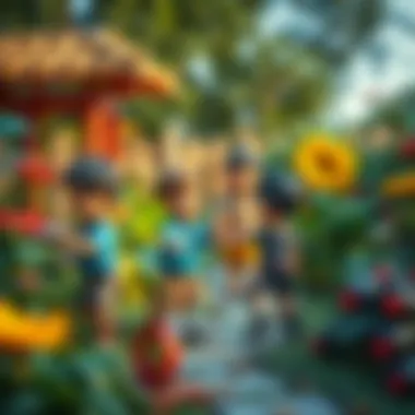 A vibrant garden setting with children playing tag