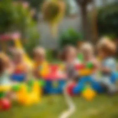 A group of kids playing with colorful outdoor toys in a garden