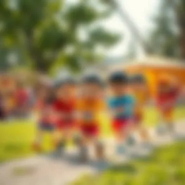 An outdoor scene of children collaborating in a relay race