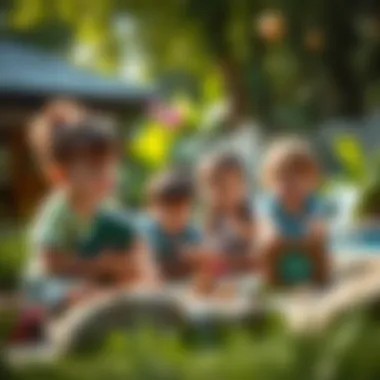 Kids enjoying a treasure hunt in a lush backyard