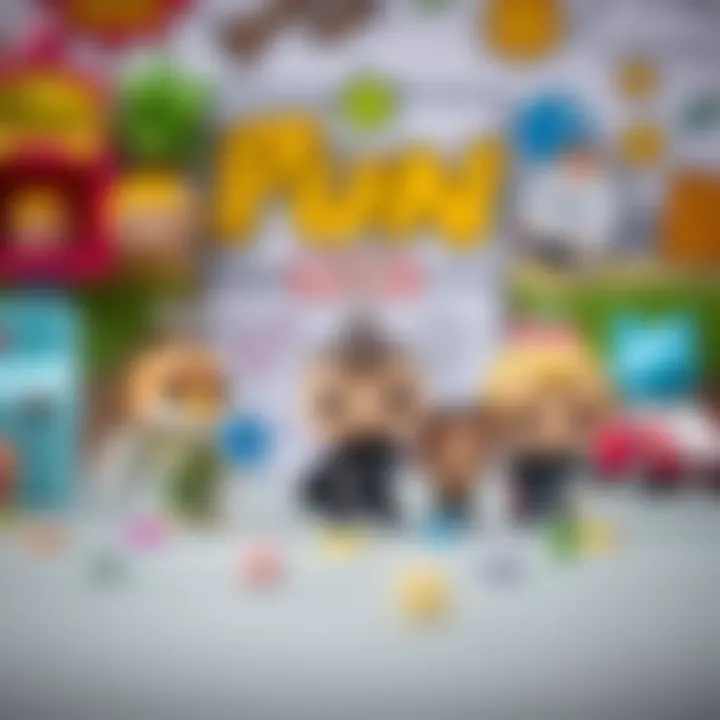 Funko Pop keychain characters set against a playful background