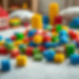 Colorful building blocks scattered on a soft mat designed for play.