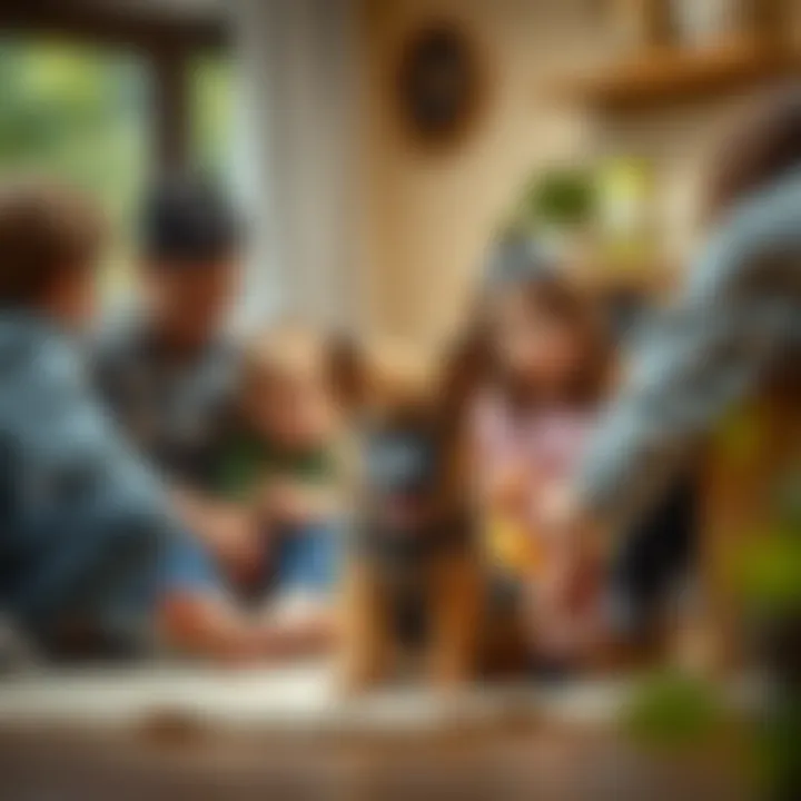 German Shepherd puppy interacting with family members in a cozy setting.