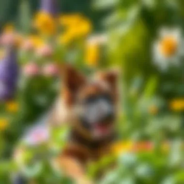 German Shepherd puppy enjoying a playful moment in a lush garden.