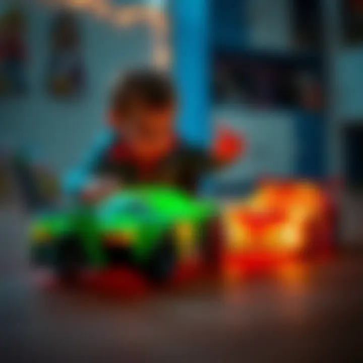 Child playing with glowing toy cars