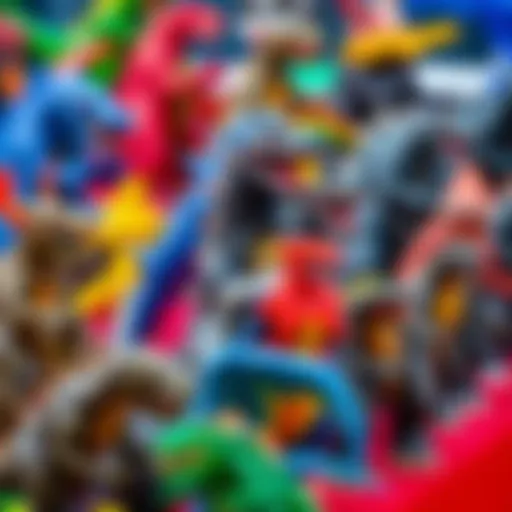 Colorful display of various Godzilla toys showcasing their unique designs