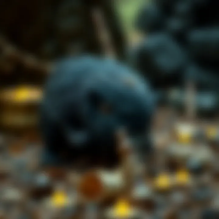 A whimsical depiction of a niffler searching for treasure