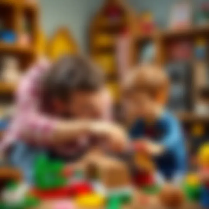 Parent-Child Collaboration in Lego Building Parent guiding child with animal Lego