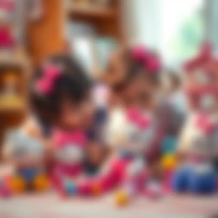 Children enjoying playing with colorful Hello Kitty toys