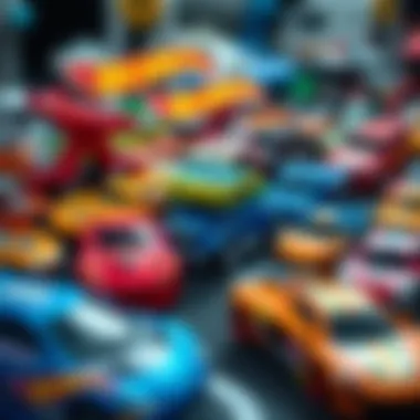 Close-up of various Hot Wheels cars and launchers