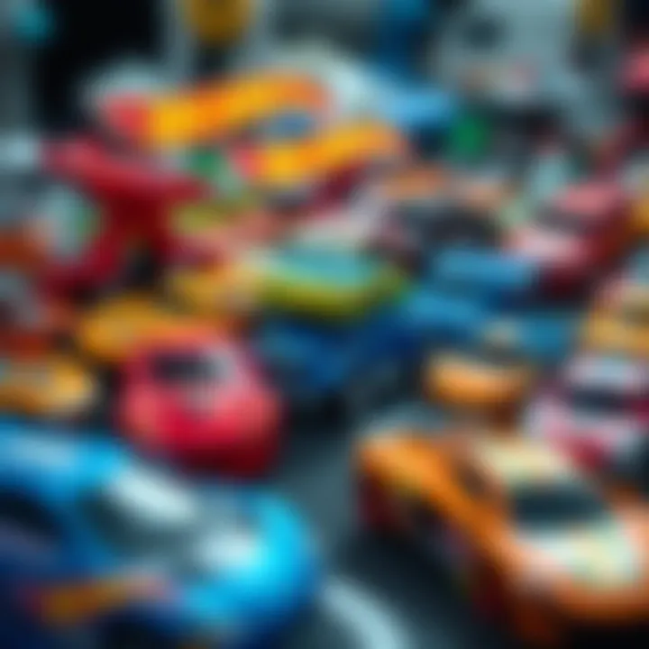 Close-up of various Hot Wheels cars and launchers
