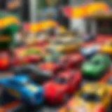A vibrant collection of Hot Wheels cars displayed on a track