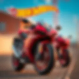 Dynamic portrayal of a Hot Wheels Ducati toy in a vibrant setting
