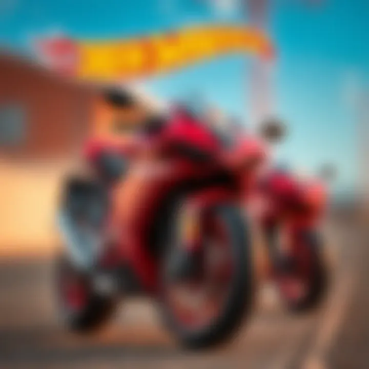 Dynamic portrayal of a Hot Wheels Ducati toy in a vibrant setting